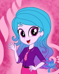 Size: 850x1050 | Tagged: safe, artist:rjp.rammy, derpibooru import, izzy moonbow, equestria girls, belt, clothes, ear piercing, earring, equestria girls-ified, eyeshadow, g5, g5 to equestria girls, image, jewelry, jpeg, makeup, necktie, open mouth, piercing, shirt, skirt, solo, waving