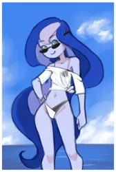 Size: 980x1460 | Tagged: safe, artist:drantyno, derpibooru import, princess luna, equestria girls, adorasexy, beach, bikini, breasts, clothes, cute, delicious flat chest, hand on hip, image, legs, looking at you, midriff, ocean, png, sexy, sky, smiling, smiling at you, solo, sunglasses, swimsuit, vice principal luna