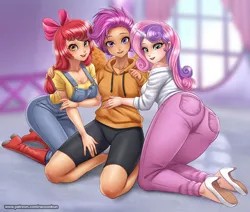 Size: 800x679 | Tagged: safe, artist:racoonsan, derpibooru import, apple bloom, scootaloo, sweetie belle, human, adult, boots, breasts, busty apple bloom, busty cmc, busty scootaloo, busty sweetie belle, butt, clothes, cutie mark crusaders, high heels, hoodie, horn, horned humanization, humanized, image, jpeg, looking at you, older, older apple bloom, older cmc, older scootaloo, older sweetie belle, overalls, shoes, sweetie butt, winged humanization, wings