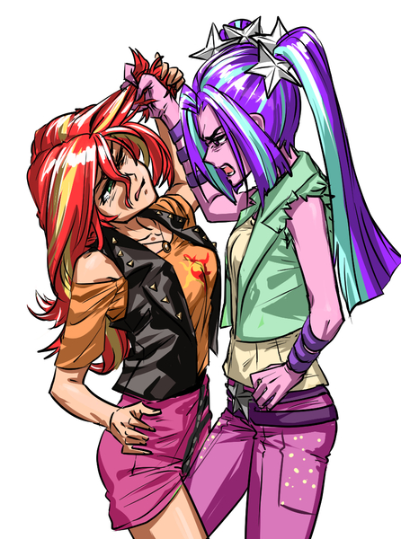 Size: 862x1160 | Tagged: safe, artist:invisibleone11, derpibooru import, aria blaze, sunset shimmer, equestria girls, abuse, bully, bullying, clothes, geode of empathy, hair pulling, image, jewelry, jpeg, leather vest, magical geodes, necklace, one eye closed, pigtails, shimmerbuse, skirt, teary eyes, vest, yelling