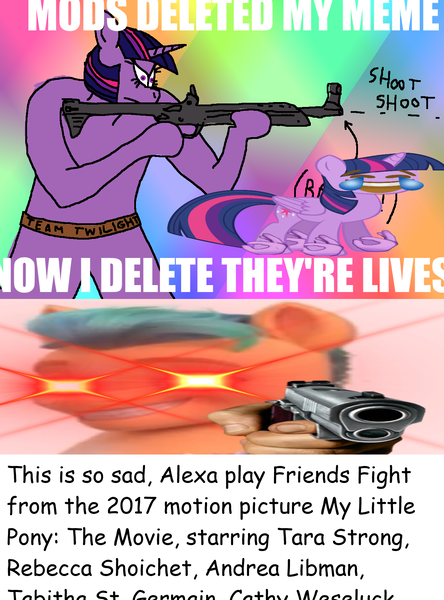 Size: 1280x1728 | Tagged: questionable, artist:sonadox, deleted from derpibooru, derpibooru import, hitch trailblazer, twilight sparkle, alicorn, earth pony, pony, alexa, bruh, emoji, g5, grammar error, gun, image, meme, png, sad, shitposting, threatening, wat, weapon