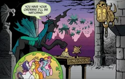 Size: 936x592 | Tagged: safe, artist:andypriceart, derpibooru import, idw, applejack, fluttershy, pinkie pie, queen chrysalis, rainbow dash, rarity, twilight sparkle, changeling, pony, the return of queen chrysalis, spoiler:comic, candle, crystal ball, eyes closed, image, jpeg, movie reference, speech bubble, the wizard of oz