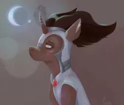 Size: 1280x1080 | Tagged: safe, artist:louraa, derpibooru import, oc, unofficial characters only, pony, unicorn, armor, digital art, female, glowing horn, helmet, horn, image, jpeg, magic, mare, moon, night, solo, tail