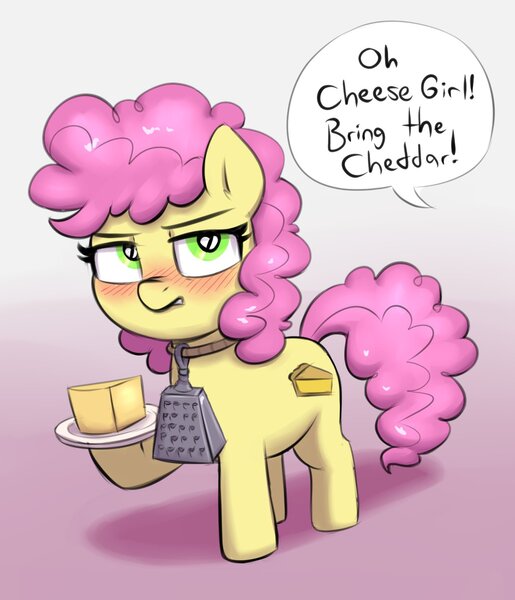 Size: 1230x1432 | Tagged: safe, artist:heretichesh, derpibooru import, li'l cheese, earth pony, pony, the last problem, blushing, cheese, cheese grater, collar, dialogue, food, heart eyes, image, jpeg, offscreen character, plate, unamused, wingding eyes