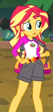 Size: 227x478 | Tagged: safe, derpibooru import, screencap, sunset shimmer, human, equestria girls, legend of everfree, belt, cargo shorts, clothes, cropped, female, grey bottomwear, hand on hip, image, jpeg, shorts, solo, solo female, teal eyes, tomboy, tree, two toned hair, two toned topwear, yellow skin