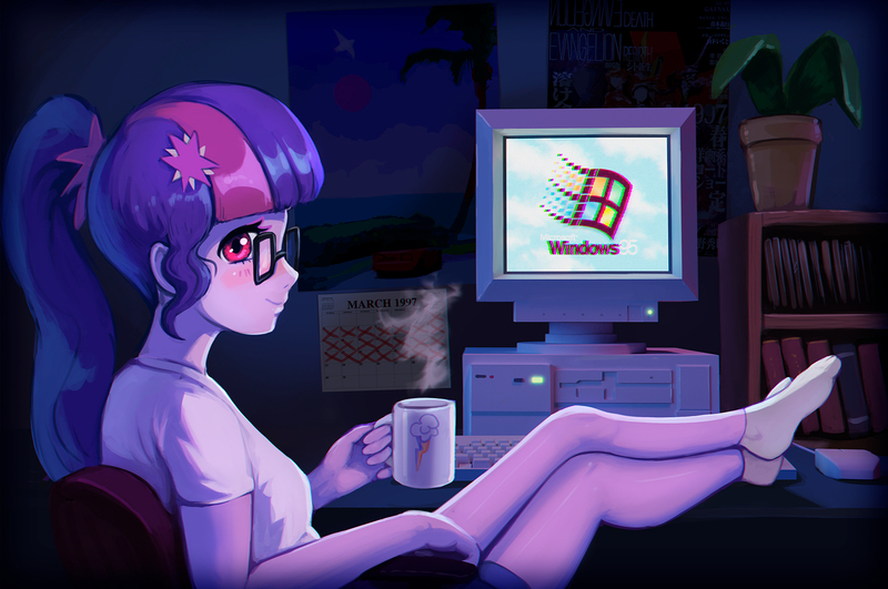 Size: 1500x996 | Tagged: safe, artist:mrscroup, derpibooru import, sci-twi, twilight sparkle, equestria girls, '90s, 1997, bedroom, blushing, book, calendar, chair, clothes, computer, computer monitor, computer mouse, crt monitor, cutie mark, dark, desk, feet on table, glasses, image, jpeg, keyboard, legs, microsoft, monitor, mug, neon genesis evangelion, pc, plant, poster, rainbow dash's cutie mark, reclining, shelf, shirt, shorts, sitting, socks, solo, steam, stocking feet, windows, windows 95