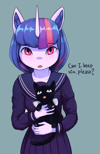 Size: 1749x2686 | Tagged: safe, artist:mrscroup, derpibooru import, twilight sparkle, anthro, cat, clothes, image, japanese school uniform, jpeg, looking at you, school uniform, skirt, solo