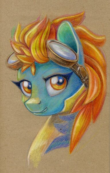 Size: 639x1000 | Tagged: safe, artist:maytee, derpibooru import, lightning dust, pegasus, pony, bust, clothes, colored pencil drawing, goggles, image, jpeg, portrait, solo, traditional art, uniform, wonderbolt trainee uniform