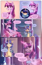 Size: 2301x3549 | Tagged: safe, artist:darlyjay, derpibooru import, twilight sparkle, twilight sparkle (alicorn), oc, oc:sterling sentry, alicorn, pony, unicorn, comic:save the harmony, female, image, magic, mare, offspring, parent:flash sentry, parent:twilight sparkle, parents:flashlight, png, scroll