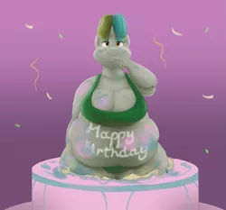 Size: 2021x1883 | Tagged: suggestive, artist:lupin quill, derpibooru import, oc, unofficial characters only, anthro, unguligrade anthro, bbw, bedroom eyes, belly, belly button, big belly, big breasts, birthday cake, body writing, breasts, cake, chubby cheeks, cleavage, clothes, confetti, fat, fat fetish, female, fetish, food, foodplay, happy birthday, image, looking at you, messy eating, muffin top, obese, png, solo, solo female, tight clothing, tongue out, underwear, wide hips