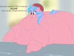 Size: 2607x1963 | Tagged: safe, artist:lupin quill, derpibooru import, oc, unofficial characters only, pony, unicorn, beanie, belly, big belly, bingo wings, butt, chubby cheeks, double chin, fat, fat fetish, fetish, flabby chest, hat, horn, image, in denial, large butt, morbidly obese, multichin, neck fat, neck roll, obese, open mouth, plot, png, rolls of fat, solo, triple chin, unicorn oc
