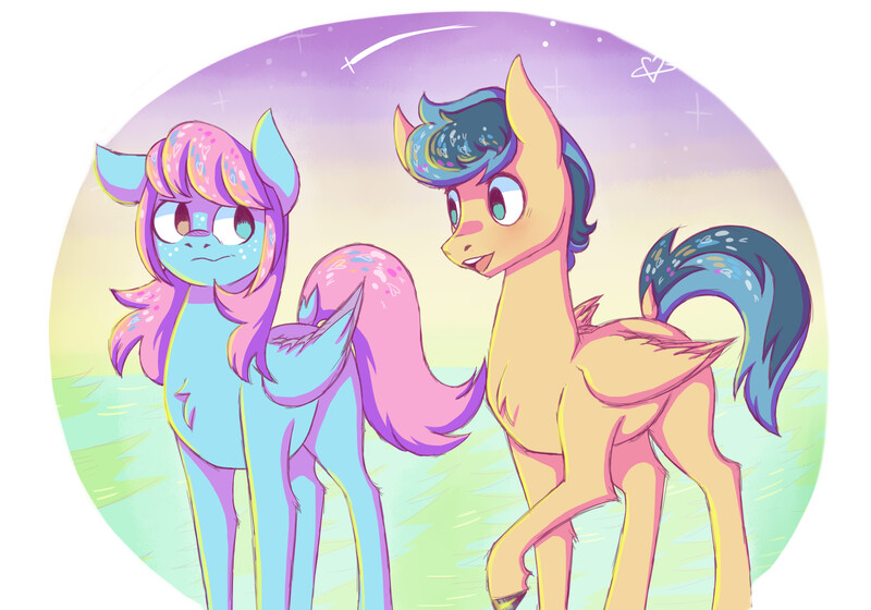 Size: 5905x4133 | Tagged: safe, artist:livzkat, derpibooru import, oc, oc:dipper, oc:walshy, pegasus, pony, grass, image, jpeg, sunset