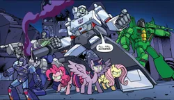 Size: 788x455 | Tagged: safe, artist:jack lawrence, derpibooru import, idw, fluttershy, pinkie pie, twilight sparkle, twilight sparkle (alicorn), alicorn, earth pony, pegasus, pony, robot, spoiler:comic, spoiler:friendship in disguise, acid storm, cybertron, cybertronian, dark magic, decepticon, female, frenzy, glowing eyes, image, implied king sombra, magic, male, mare, megatron, mind control, png, reflector, sombrafied, the magic of cybertron, transformers