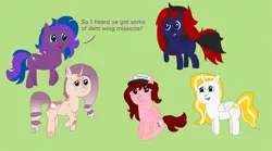 Size: 7577x4200 | Tagged: safe, artist:eminent entropy, derpibooru import, oc, oc:cherry showers, oc:nepeta uchiha, oc:noon majesty, oc:stellar trace, oc:sumac spirit, unofficial characters only, alicorn, pegasus, pony, unicorn, baseball cap, cap, cutie mark, derpibooru exclusive, dialogue, elite dangerous, folded wings, hat, horn, image, png, simple background, vector, wings