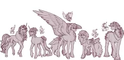 Size: 2190x1057 | Tagged: safe, artist:kimyowolf, derpibooru import, applejack, fluttershy, pinkie pie, rainbow dash, rarity, pegasus, pony, alternate cutie mark, image, jpeg, monochrome, pegasus pinkie pie, race swap, tail feathers, unicorn fluttershy