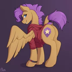 Size: 2648x2625 | Tagged: safe, artist:ailoy4, derpibooru import, oc, oc:bulwark, unofficial characters only, pegasus, pony, butt, clothes, female, hoodie, image, looking at you, looking back, looking back at you, pegasus oc, png, raised tail, rule 63, smiling, solo, standing, tail, wings