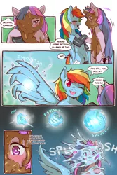 Size: 960x1440 | Tagged: safe, artist:cold-blooded-twilight, derpibooru import, rainbow dash, twilight sparkle, pegasus, pony, unicorn, cold blooded twilight, comic:cold storm, blushing, chest fluff, clothes, comic, condensation, dialogue, female, holding, holding hooves, image, laughing, leggings, lesbian, looking at each other, magic, mud, mud mask, one eye closed, one eye covered, png, shipping, smiling, socks, speech bubble, splashing, spread wings, stockings, thigh highs, twidash, unicorn twilight, wet, wings, wink