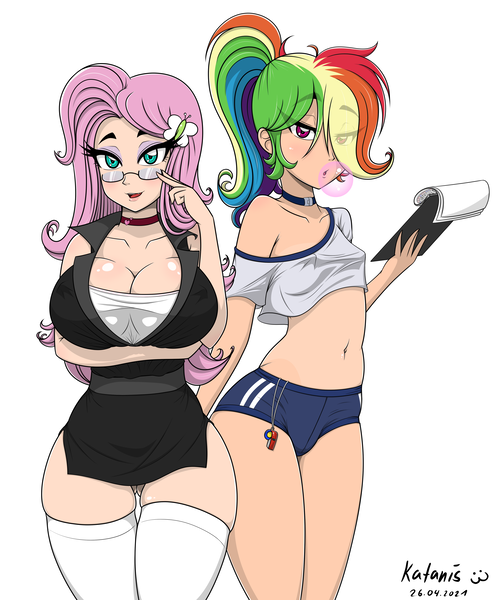 Size: 4456x5372 | Tagged: suggestive, artist:katanis, derpibooru import, fluttershy, rainbow dash, equestria girls, belly button, big breasts, breasts, bubblegum, busty fluttershy, choker, cleavage, clipboard, clothes, delicious flat chest, food, glasses, gum, human coloration, image, png, rainbow flat, shirt, shorts, sports shorts, teacher, whistle