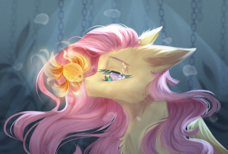Size: 1280x864 | Tagged: safe, artist:justkattyo, derpibooru import, fluttershy, fish, goldfish, pegasus, pony, bubble, bust, chains, chest fluff, crying, female, floppy ears, flowing mane, image, lidded eyes, looking at something, mare, melancholy, png, profile, solo, teary eyes, underwater, wings