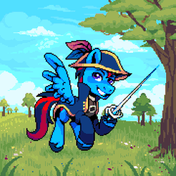 Size: 900x900 | Tagged: safe, artist:hikkage, derpibooru import, oc, oc:andrew swiftwing, unofficial characters only, pegasus, pony, animated, clothes, coat, feather, flying, gif, grass, grin, hat, horn, image, male, multiple horns, pixel art, rapier, sailor, smiling, stallion, swashbuckler, sword, tree, tricorn, tricorne, weapon, wings