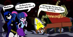 Size: 3631x1875 | Tagged: safe, artist:dan232323, derpibooru import, sci-twi, twilight sparkle, human, equestria girls, bill cipher, crossover, female, gravity falls, high res, image, jpeg, music, musical instrument, piano, raven (teen titans), singing, teen titans, voice actor joke