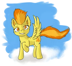 Size: 10277x9393 | Tagged: safe, artist:simplesample, derpibooru import, spitfire, pegasus, pony, absurd resolution, cloud, image, looking at you, png, simple background, solo, spib, spread wings, teeth, wings