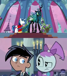 Size: 1280x1440 | Tagged: safe, derpibooru import, edit, edited screencap, screencap, queen chrysalis, shining armor, changeling, changeling queen, a canterlot wedding, confused, crossover, crowd, danny fenton, danny phantom, female, green eyes, hypnosis, hypnotized, image, jenny wakeman, jpeg, looking at each other, my life as a teenage robot, reaction