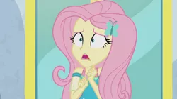 Size: 3410x1920 | Tagged: safe, derpibooru import, screencap, fluttershy, equestria girls, equestria girls series, so much more to me, female, geode of fauna, hairpin, image, jewelry, jpeg, magical geodes, necklace, open mouth, scared, solo