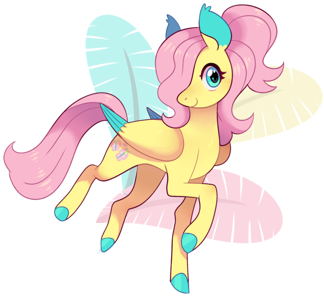 Size: 2205x2032 | Tagged: safe, artist:catbun-yt, derpibooru import, fluttershy, pegasus, pony, alternate hairstyle, blushing, colored ears, colored hooves, colored wings, colored wingtips, female, folded wings, hair over one eye, head turned, high res, image, looking at you, mare, png, ponytail, raised hoof, simple background, smiling, solo, transparent background, wings