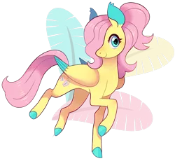 Size: 2205x2032 | Tagged: safe, artist:catbun-yt, derpibooru import, fluttershy, pegasus, pony, alternate hairstyle, blushing, colored ears, colored hooves, colored wings, colored wingtips, female, folded wings, hair over one eye, head turned, high res, image, looking at you, mare, png, ponytail, raised hoof, simple background, smiling, solo, transparent background, wings