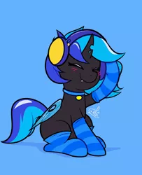 Size: 1710x2106 | Tagged: safe, artist:lilpinkghost, derpibooru import, oc, oc:♪, changeling, blue changeling, blushing, clothes, collar, commission, eyes closed, headphones, image, png, sitting, socks, solo, striped socks