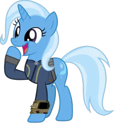 Size: 4597x5000 | Tagged: safe, artist:dashiesparkle, artist:ponygamer2020, derpibooru import, trixie, pony, unicorn, fallout equestria, uncommon bond, absurd resolution, clothes, cute, diatrixes, fallout, female, happy, image, jumpsuit, mare, pipboy, png, simple background, solo, transparent background, vault suit, vector