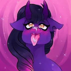 Size: 1871x1871 | Tagged: suggestive, artist:reallycoykoifish, derpibooru import, oc, oc:wry glimmer, demon, demon pony, original species, pony, ahegao, blushing, cream, cum, cum in mouth, ecstasy, face, golden eyes, hentai, horns, image, open mouth, png, purple, sexy, simple background, snfw, solo, tongue out, torn ear