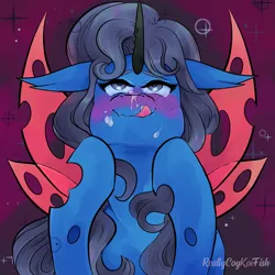 Size: 2235x2235 | Tagged: suggestive, artist:reallycoykoifish, derpibooru import, changeling queen oc, oc, unnamed oc, changeling, changeling queen, ahegao, changeling oc, cum, cumming, face shot, female, happy sex, holes, horn, image, insect wings, lewd, licking, licking lips, long hair, long mane, open mouth, png, sex, sexy, simple background, smiling, solo, tongue out, torn wings, wings