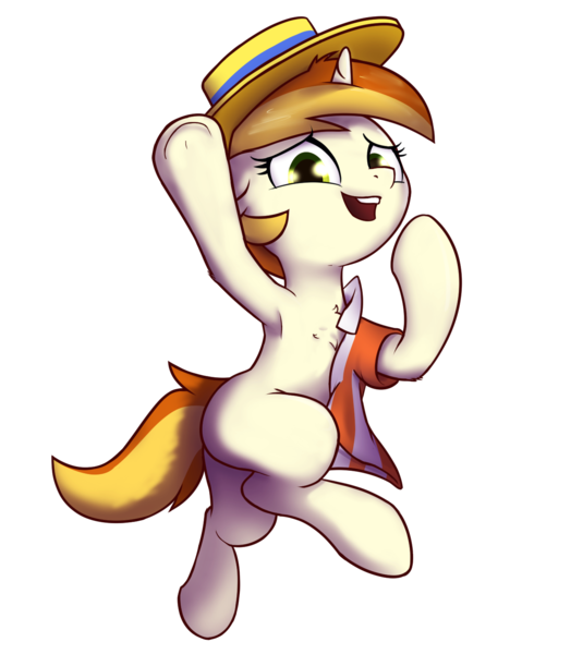 Size: 1342x1506 | Tagged: suggestive, artist:wenni, derpibooru import, peachy pitt, pony, semi-anthro, unicorn, armpits, clothes, female, hat, image, laughing, looking at you, mare, png, pun, shirt, simple background, transparent background, underhoof