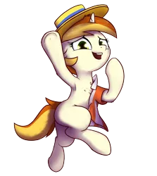 Size: 1342x1506 | Tagged: suggestive, artist:wenni, derpibooru import, peachy pitt, pony, semi-anthro, unicorn, armpits, clothes, female, hat, image, laughing, looking at you, mare, png, pun, shirt, simple background, transparent background, underhoof