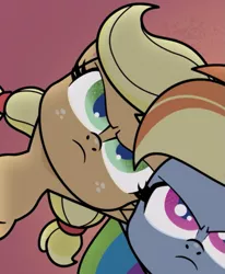 Size: 745x902 | Tagged: safe, derpibooru import, screencap, applejack, rainbow dash, earth pony, pegasus, pony, my little pony: pony life, princess probz, spoiler:pony life s01e01, animation error, applejack's hat, cowboy hat, cropped, duo, duo female, female, hat, huddle, image, png, ponytail, solo focus