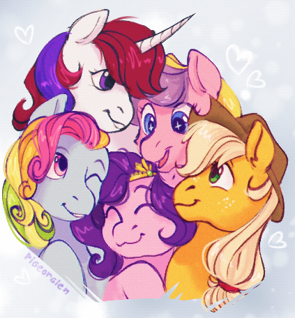 Size: 423x456 | Tagged: safe, artist:pigeorgien, derpibooru import, applejack, moondancer (g1), pipp petals, rainbow dash (g3), sundance, sunsparkle, earth pony, pegasus, pony, unicorn, applejack's hat, cowboy hat, cute, floating heart, g1, g2, g3, g4, g5, group, hat, heart, image, png, smiling