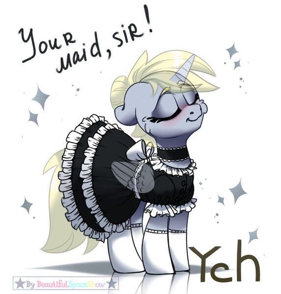 Size: 700x733 | Tagged: safe, artist:beautifulspaceshow, derpibooru import, derpy hooves, alicorn, pegasus, pony, alicornified, blushing, choker, clothes, commission, cute, derpabetes, derpicorn, dress, eyes closed, female, gloves, image, jpeg, maid, mare, race swap, simple background, skirt, socks, stockings, thigh highs, white background, ych example, your character here