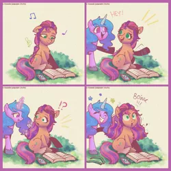 Size: 1920x1920 | Tagged: safe, artist:puyohh, derpibooru import, izzy moonbow, sunny starscout, earth pony, pegasus, pony, 4 panel comic, :o, :p, alternate hairstyle, book, chest fluff, comic, cute, earbuds, exclamation point, eyes closed, female, g5, glowing horn, grass, grin, hairband, horn, image, interrobang, izzybetes, jpeg, levitation, magic, mare, mobile phone, music notes, open mouth, phone, question mark, raised hoof, reading, sitting, smartphone, smiling, sunnybetes, surprised, telekinesis, tongue out, unshorn fetlocks, waving