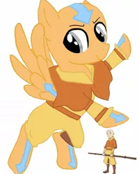 Size: 1080x1350 | Tagged: safe, artist:ponyrefaa, derpibooru import, ponified, human, pegasus, pony, aang, avatar the last airbender, bald, bipedal, clothes, crossover, duo, image, jpeg, male, simple background, smiling, staff, stallion, tattoo, white background, wings