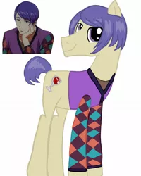 Size: 1080x1350 | Tagged: safe, artist:ponyrefaa, derpibooru import, ponified, earth pony, human, pony, bust, clothes, crossover, duo, image, jpeg, looking back, male, simple background, smiling, stallion, white background