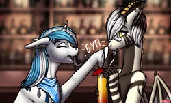 Size: 2550x1539 | Tagged: safe, artist:wwredgrave, derpibooru import, oc, oc:danico, oc:snowflake, unofficial characters only, draconequus, unicorn, bar counter, boop, cocktail, hooves, horn, image, jpeg, wings