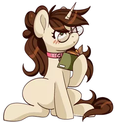 Size: 1382x1473 | Tagged: safe, artist:beashay, derpibooru import, oc, oc:brittney, pony, unicorn, blushing, book, collar, glasses, image, long hair, png, ponysona, reading, sitting, solo