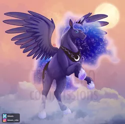 Size: 900x889 | Tagged: safe, artist:tiakaneko, derpibooru import, princess luna, alicorn, pony, collar, commission, crown, digital art, female, flying, hoers, hooves, horn, image, jewelry, jpeg, looking at you, mare, moon, night, regalia, solo, spread wings, tail, wings