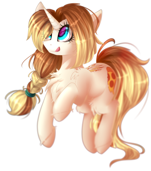 Size: 2300x2608 | Tagged: safe, artist:mediasmile666, banned from derpibooru, deleted from derpibooru, derpibooru import, oc, unofficial characters only, pony, unicorn, blurry, braid, chest fluff, cutie mark, eye clipping through hair, eye reflection, female, fluffy, food, gift art, hairband, image, looking up, mare, pizza, png, ponytail, reflection, simple background, solo, tongue out, transparent background