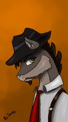 Size: 603x1080 | Tagged: safe, artist:terr@koterr@, derpibooru import, oc, earth pony, beard, cigarette, clothes, facial hair, fedora, hat, image, jpeg, looking at you, necktie, shirt, simple background, smoking, suspenders