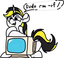 Size: 960x878 | Tagged: safe, artist:skookz, derpibooru import, oc, unofficial characters only, pony, unicorn, :3, crt monitor, female, image, leaning, leaning forward, linux, mare, monitor, open mouth, png, simple background, sitting, smug, solo, speech bubble, text, transparent background