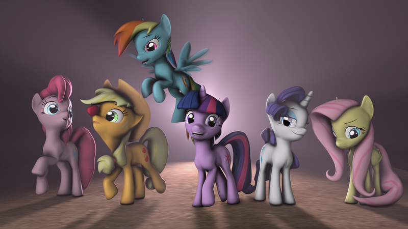 Size: 1920x1080 | Tagged: safe, artist:litterpaws, derpibooru import, applejack, fluttershy, pinkie pie, rainbow dash, rarity, twilight sparkle, earth pony, pegasus, unicorn, 3d, apple, female, food, group shot, image, looking at you, mane six, png, source filmmaker