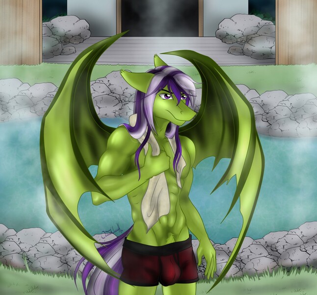 Size: 1280x1188 | Tagged: suggestive, alternate version, artist:dainoth, derpibooru import, oc, unofficial characters only, anthro, bat pony, abs, bat pony oc, bat wings, boxers, bulges, clothes, commission, digital art, hot springs, image, jpeg, male, muscles, pecs, solo, solo male, spread wings, tail, towel, underwear, wings, ych result